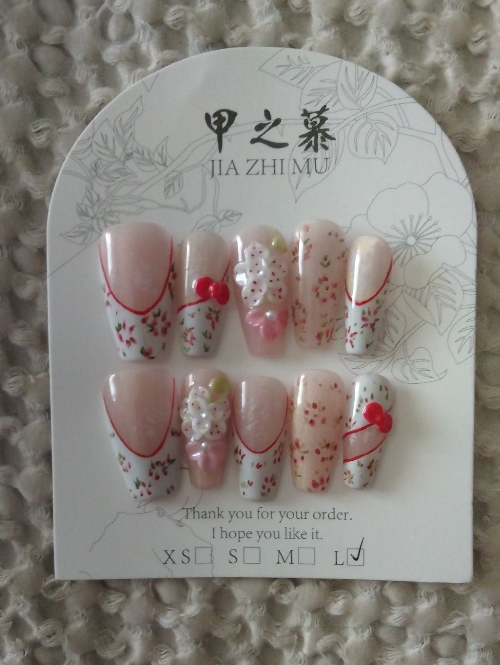 Jia Zhi Mu Floral Pink 3D Bow Press-On Nails - Size L 💜